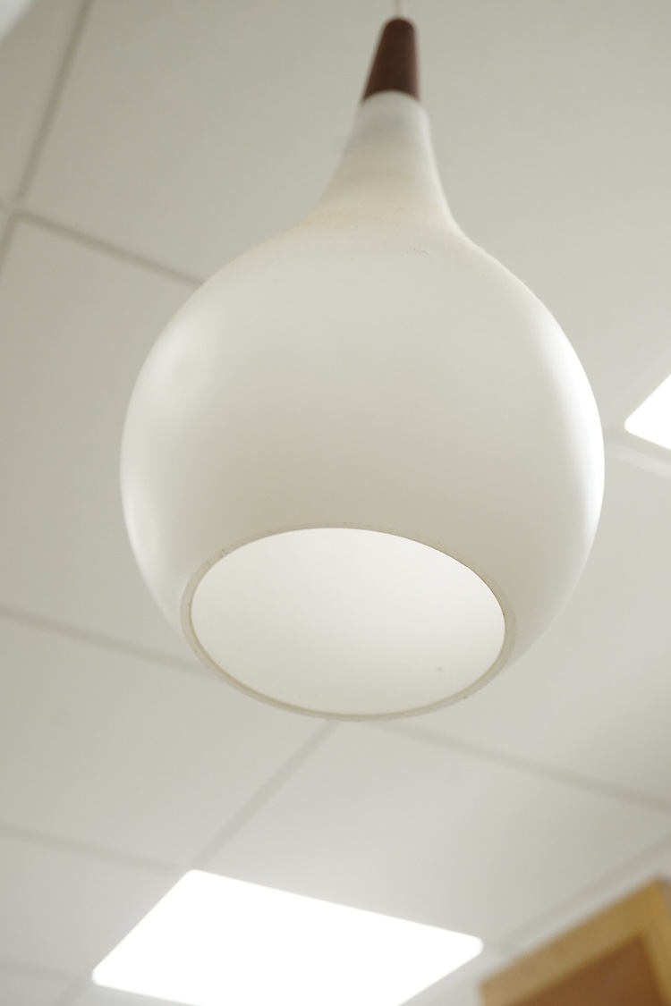 A mid century three light ceiling fitting with opaque glass shades, 38cm high overall